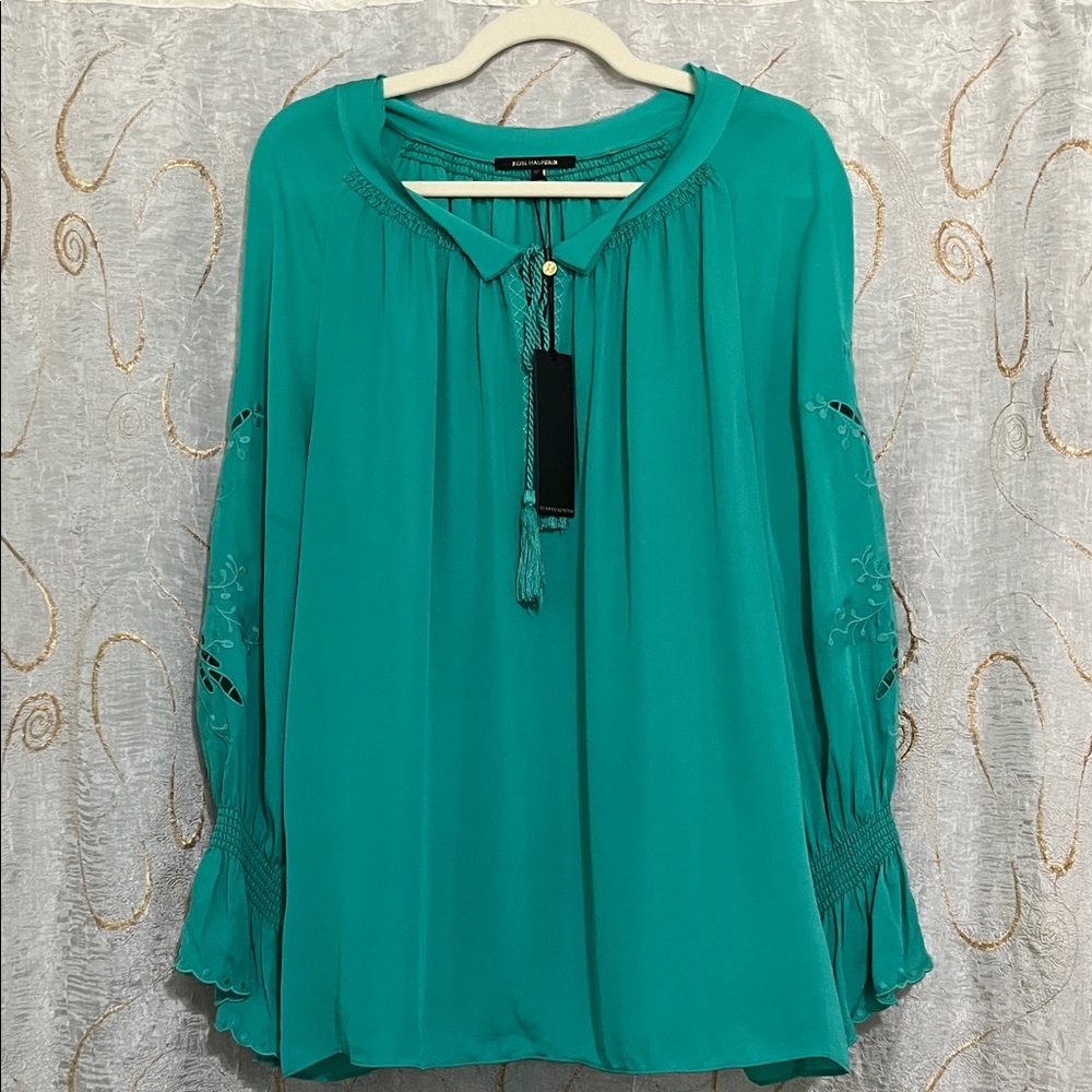 Kobi Halperin Turquoise Blouse with Embroidered Sleeves